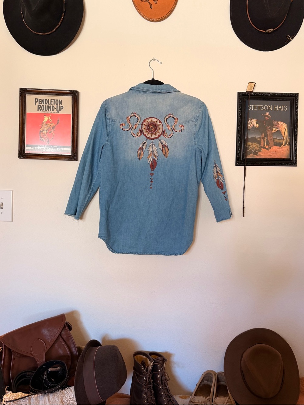 Miss Me Light Blue Denim Button-Down Shirt with Embroidered Dreamcatcher